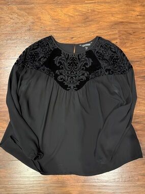 Express Black Velvet-Yoke Long Sleeve Blouse - Black